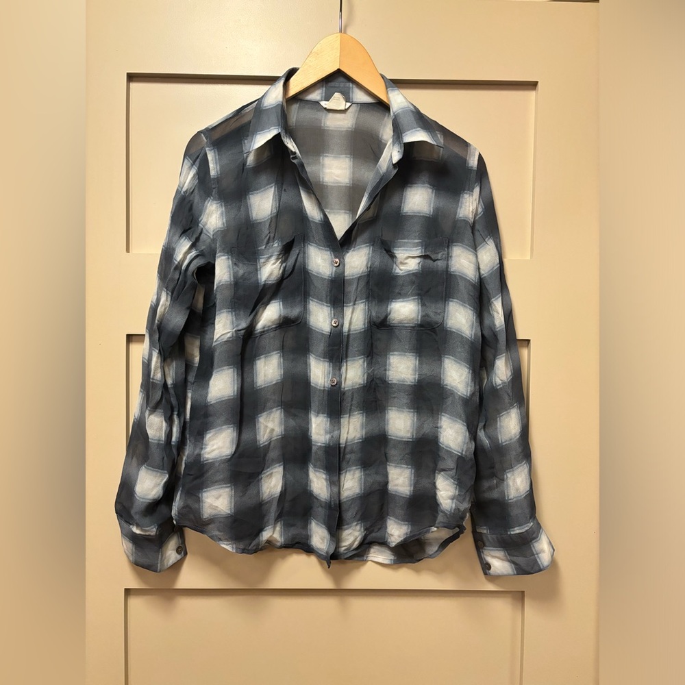 CLUB MONACO Silk Sheer Chiffon Faded Plaid Blouse Button Down Shirt